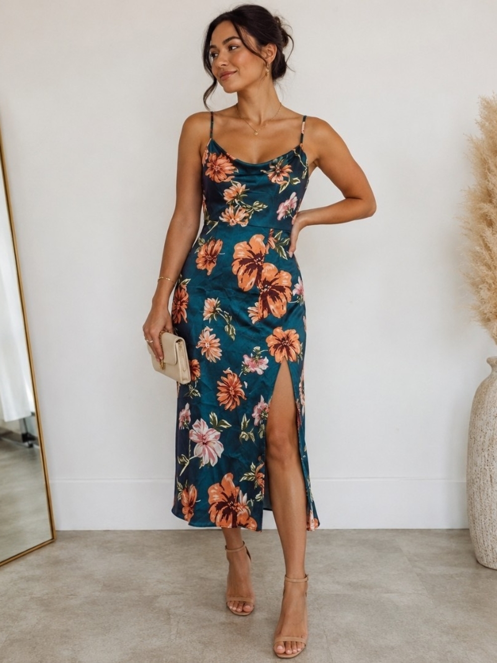 Women's Satin Floral Slip Dress Small Teal Cowl Neck Midi Cocktail Wedding Guest
